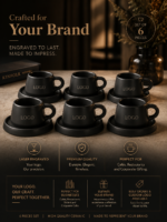 6 Black Matte Turkish Coffee Cup & Saucer with your Logo on it
