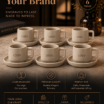 6 beige Turkish Coffee Cup & Saucer with your Logo on it