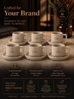 6 beige Turkish Coffee Cup & Saucer with your Logo on it