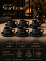 6 Black Matte Turkish Coffee Cup & Saucer with your Logo on it
